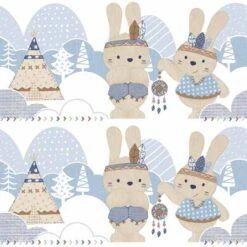 Bordüre Kinder Kaninchen Indianer Weiß Blau Glanz 005496