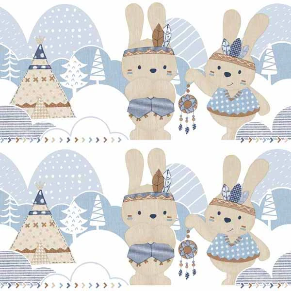 Bordüre Kinder Kaninchen Indianer Weiß Blau Glanz 005496 3 Bordüre Kinder Kaninchen Indianer Weiß Blau Glanz 005496
