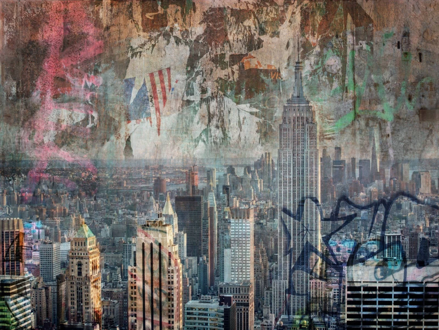 Digitaldruck Skyline New York Shabby Grau Braun Rot ML3701 4 Digitaldruck Skyline New York Shabby Grau Braun Rot ML3701 – Bild 2